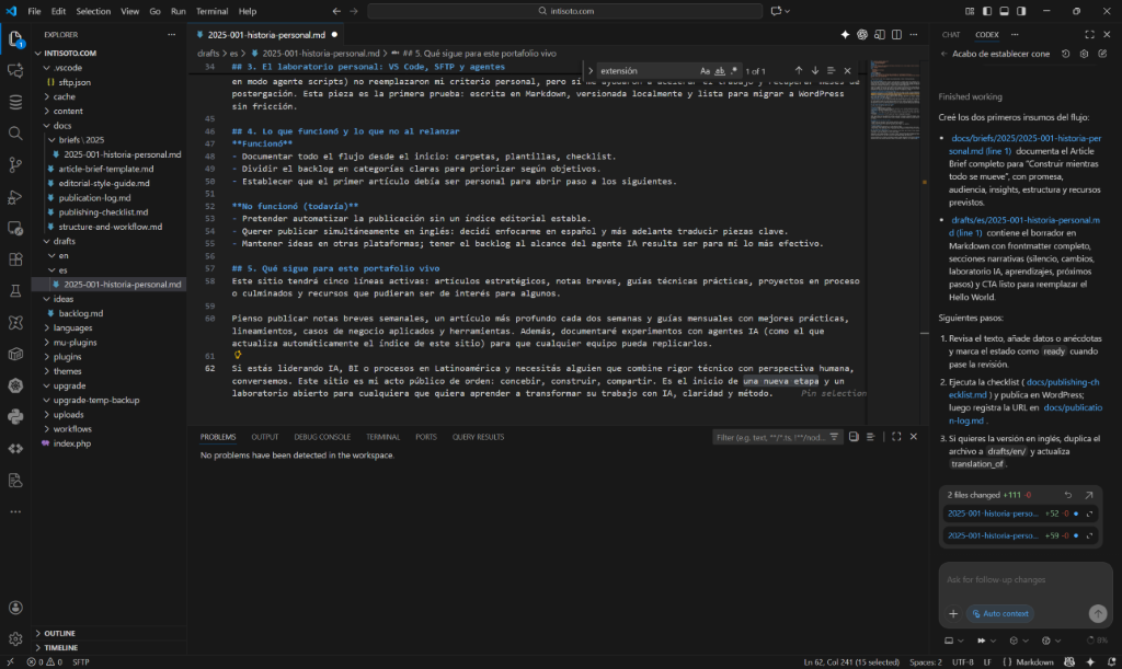 Captura de Visual Studio Code mostrando la estructura y borrador del sitio intisoto.com